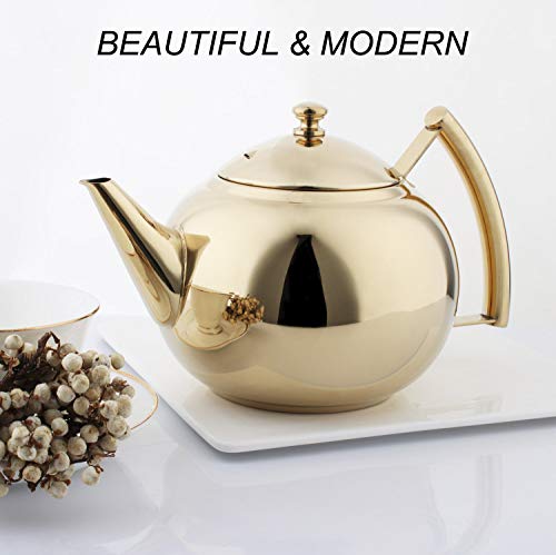 OMGard Gold Tea Pot with Infuser Loose Tea Leaf Filter 2 Liter Stainless Steel Teapot Coffee Water Small Kettle Strainer Set Warmer Teakettle for Stovetop Induction Stove Top 2.1 Quart / 68 Ounce