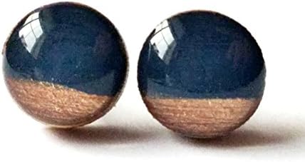 Hand painted metallic rose copper and navy blue wood stud earrings 8mm