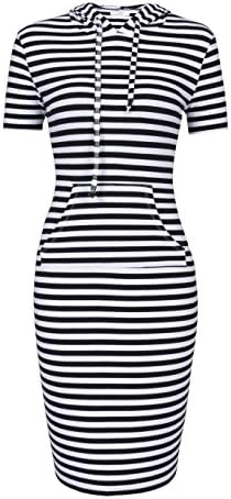 Women Hooded Dress 3/4 Sleeve Sweatshirt Pullover Stripe Keen Length Kangaroo Pocket Dress