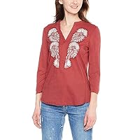Spicy Sandia Embroidered Blouses for Women V-Neck Casual Tunic Top Shirt with 3/4 Roll-up Sleeve, Red, X-Large Size