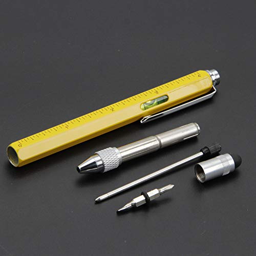 Falytemow 6 in 1 Multi Tool Tech Pen Multifunction as 0.7mm Black Ballpoint Pen Touchscreen Stylus Ruler Level Flathead and Phillips Screwdriver Cool Pen for Christmas or Valentine Gift (2pcs Yellow) - Thumbnail 6
