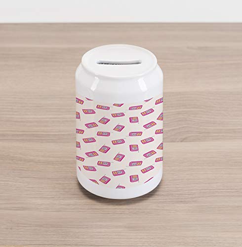 Lunarable Radio Cola Can Shape Piggy Bank, Vintage Cartoon Style Communication Device with Antenna Technology Theme, Ceramic Cola Shaped Coin Box Money Bank for Cash Saving, Pink Pale Yellow Beige