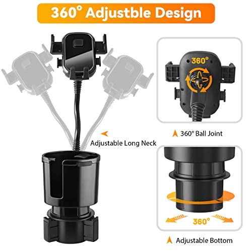 Cup Holder Expander for Car, 2 in 1 Multifunctional Car Phone Holder Mount Cup Holder, Auto Cup Holder Extender with Adjustable Base, 360° Rotation Car Cell Phone Holder Compatible with All Smartphone