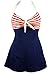 COCOSHIP Navy Blue & Red White Striped Vintage Sailor Pin Up Swimsuit One Piece Skirtini Cover Up Swimdress S(US6)