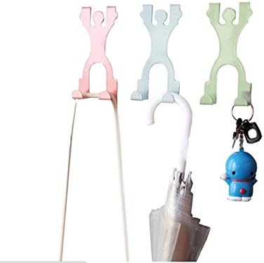 Edeesky Multicolor 3 Pcs Iron Cartoon Human Form Over Door Double Hooks No Nails Needed Towel Racks For bedroom bathroom kitchen（Blue Green Pink）