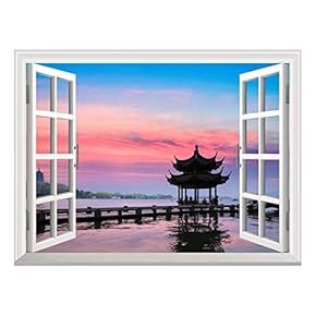 Removable Wall Sticker/Wall Mural - Beautiful Hangzhou in Sunset, Ancient Pavilion Silhouette on The West Lake,China | Creative Window View Home Decor/Wall Decor - 36"x48"