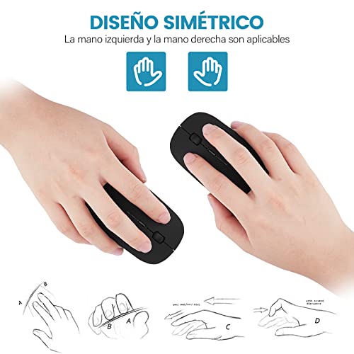 YOMYM Mouse Ratón óptico Inalámbrico Recargable 2.4 G, Silencioso Click con Receptor USB y Tipo-c Adaptador 3 Ajustable dpi Ratón para Computadora, Ideal para Ordenadores portátiles, PCs, Negro