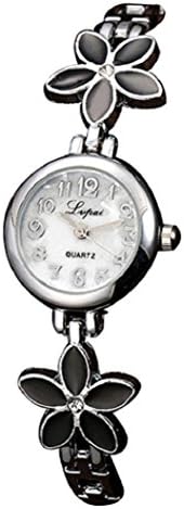Lvpai Womens Flower Rhinestones Inlaid Band Quartz Bracelet Wrist Watch (Silver Band & Black)