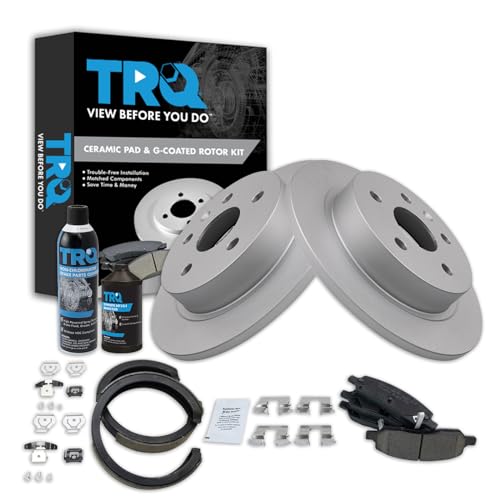 TRQ Rear Brake Pad & Rotor Kit, with Chemical Kit Parking Brake Shoe Set Cerami…