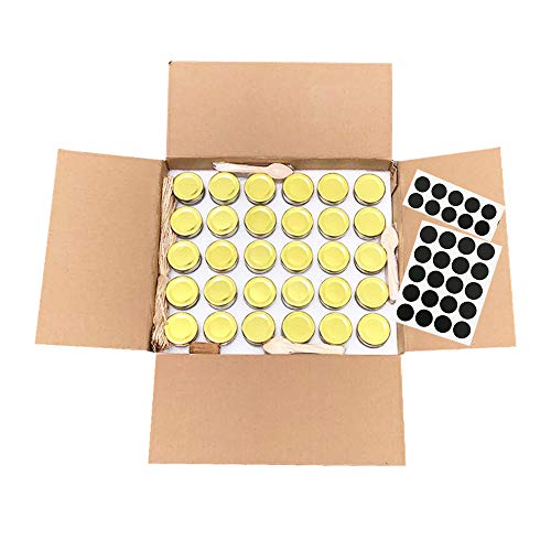Folinstall 30 Pcs 1.5 oz Glass Jars with Gold Lids, Mini Mason Jars for Gifts, Crafts, Wedding, Spice, Extra 15 Silver Lids, Chalkboard Labels, Tags String and 30 Disposable Wooden Spoons Included