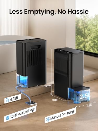 Globexis Dehumidifiers for home up to 1500 Sq.Ft, 86 Oz Tank, Quiet 35dB Rotary Dehumidifier with Drain Hose, Auto Shutoff, Works at 1°C/34°F, Dehumidifiers for Basements, Bedroom, Closet, RV, Black
