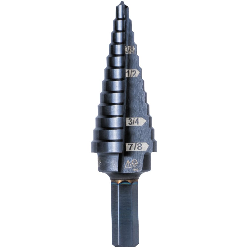 Klein Tools KTSB14 Step Drill Bit #14 Double-Fluted, 3/16 to 7/8-Inch with Easy-to-Read Step Markings and Targets, 3/8-Inch Hex Shank