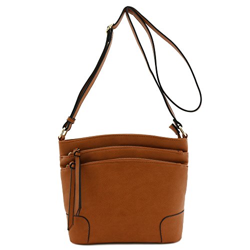 Triple Zipper Pocket Medium Crossbody Bag Tan