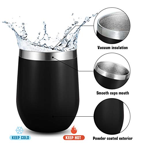Fungun 12 oz Stemless Wine Tumbler, Stainless Steel Wine Glass, Insulated Tumbler with Lids for Wine, Coffee, Drinks, Cocktails, 2 Sets Including 2 Pieces Straws and Brush (Black)