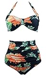 Cocoship Retro 50s Black Blue Floral Vintage High Waist Bikini Carnival Swimsuit(FBA)