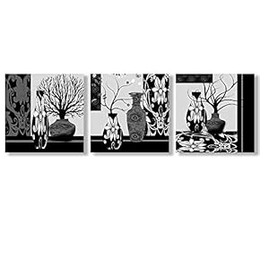 Canvas Wall Art Black and White Abstract Flowers Painting Artwork for Home Prints Framed - 12"x12"x3 Panels