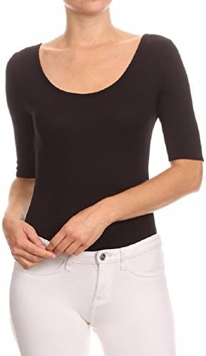MIDNIGHT LOVERS Womens Solid 3/4 Sleeve Scoop Neck Low Back Bodysuit Leotard (Black, X-Large)
