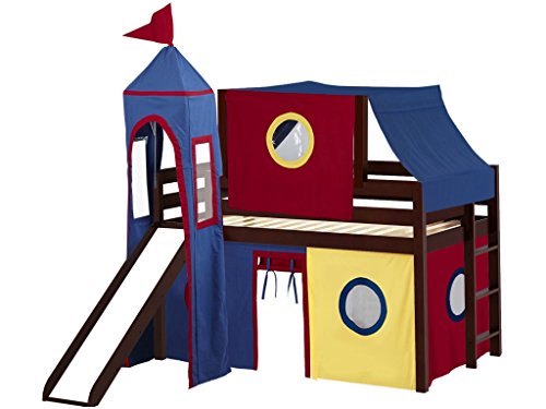 JACKPOT! Castle Low Loft Bed with Slide Red & Blue Tent and Tower, Loft Bed, Twin, Cherry