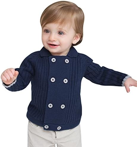Little Youngster, Long Sleeve Double Button Cardigan Sweater for Boys with Collar (5T, Navy)