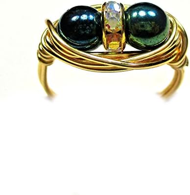 Green Iris Metallic Czech Art Glass Duex Artisan Gold Tone Wire Wrap Ring All Sizes