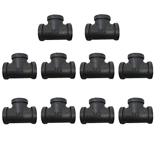 1/2" Tee pipe decor cast iron black pipe floor threaded pipe fitting industrial steampunk vintage retro decor furniture DIY wall industrial plumbing (10 Piece Set)