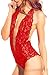 EVELUST Womens Open Back Halter Plunging Teddy,Comfortable Scalloped Trim Lace Lingerie(Red,L,6004e)