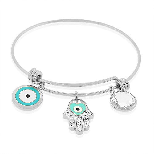 My Daily Styles Stainless Steel Silver-Tone Hamsa Evil Eye Bangle Bracelet