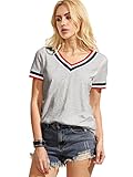 ROMWE Women's Casual Short Sleeve Cute T-Shirt V-Neck Summer Cotton Tops Grey S