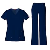 Dickies Xtreme Stretch Women's 82851 V-Neck Top & 82011 Drawstring Pant Medical Uniform Scrub Set (Navy - Medium)