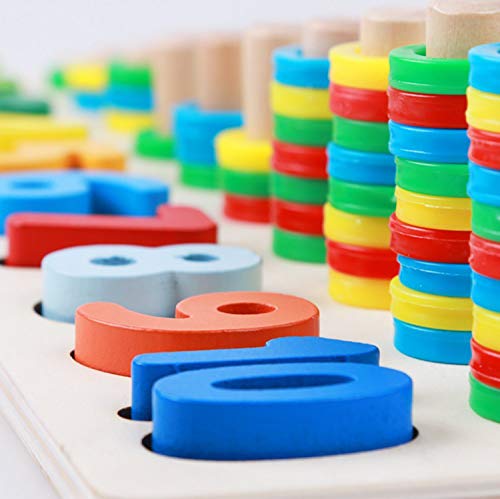 3-in-1 Wooden Blocks Puzzle Board Set, Math Toddler Kids Early Education Shape Sorter Counting Numbers 0-10 Ring, Learning & Educational Toys for Number Counting, Shape Sorting, Colors Stacking