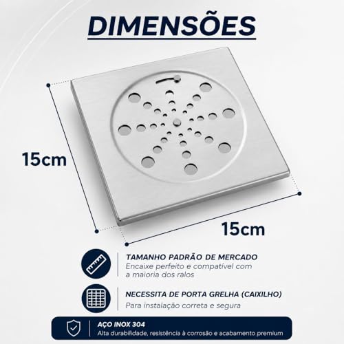 Combo 2 Ralo Tampa Grelha Quadrado 15x15 Válvula Abre E Fecha Em Aço Inox Somente Tampa Banheiro Cozinha Não Enferruja Padrão Universal