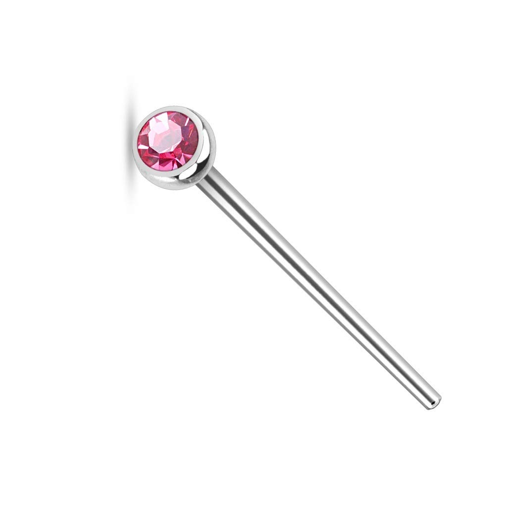 PiercedOff 316L Surgical Steel 0.8mm Fishtail Nose Stud with a 2.5mm Pink CZ Gem - Length 19mm