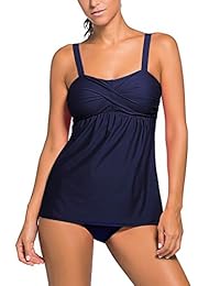 Actloe - Bañador de dos piezas para mujer con parte superior de tankini fruncida y parte inferior triangular S-XXXL