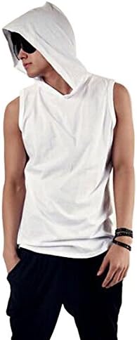 Mens Sleeveless Pure color Hoodie T-Shirt Hooded Tank Top Cotton Hoodies white-L