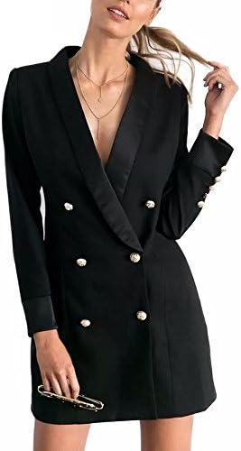 Collins Fashion Women's Autumn Sexy Deep V Neck Dress Long Sleeve Blazers Black S