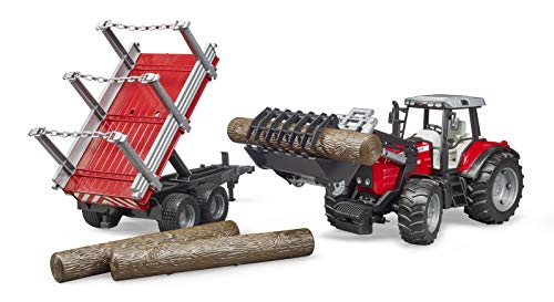 bruder 02046 - Massey Ferguson 7480 mit Frontlader, Holztransportanhänger, 3 Baumstämmen - 1:16 Traktor Trecker Schlepper Transportanhänger Tieflader Landwirtschaft Bauernhof Spielzeug – Bild 5