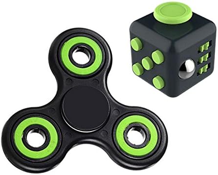 Fidget Spinner and Cube Set with bonus keychain by Spun Fun - Anxiety and Stress Relief - Perfect Gift for Any Age - Fight Boredom and Improve Focus - Several Colors (Green)