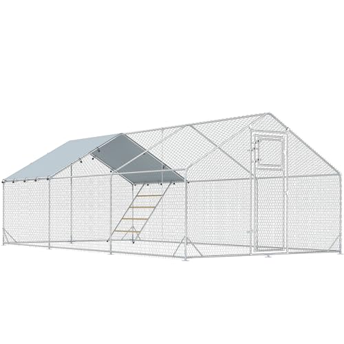 PawHut Chicken Run, Large Metal Chicken Coop with Feeding Door, Waterproof & UV-Resistant Cover, Hanging Feeder, Perch, Poultry Cage for Outdoor, Backyard, Farm, for 18-24 Poultry