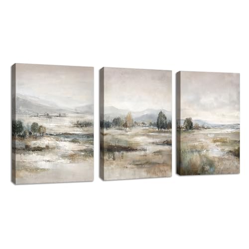 3 Pcs Abstract Fog Field Modern Pictures Decoration With Frame, Blue Beige Mountains Landscape Picture and Prints Retro Tranquility Marisma Decorative Canvases Home for Living Room Bedroom 50 x 70 cm