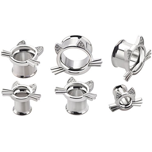 Longbeauty 2Pcs Silver Cute Kitten Ear Plugs Tunnels Gauges Stretcher Piercings in 3 Colors Gauge 3/4"
