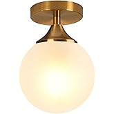 KCO Lighting Small Milk Glass Globe Semi Flush Mount Ceiling Light Mid Century Modern Gold Ceiling Light Fixtures Brass Hallw