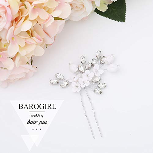 Barogirl Bride White Flower Wedding Hair Pins Clips Rhinestone Silver Bridal Hair Piece Accessories for Women, Set of 3