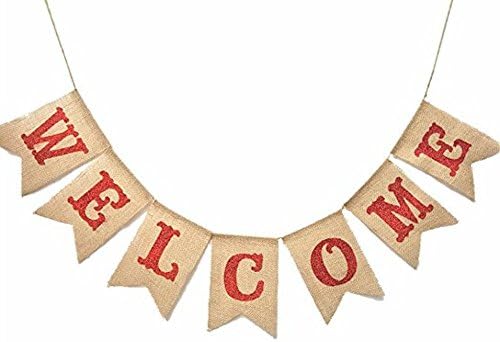 Vintage Welcome Banner Burlap Bunting Garland Wedding Birthday Party Fireplace Hanging Decoration (Red)