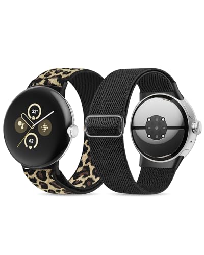 2 Pack Stretchy Nylon Bands Compatible with Google Pixel Watch 2 Band/Pixel Watch Band - Upgraded Stainless Steel Lugs - Adjustable Elastic Braided Replacement Sport Loop Straps for Women and Men
