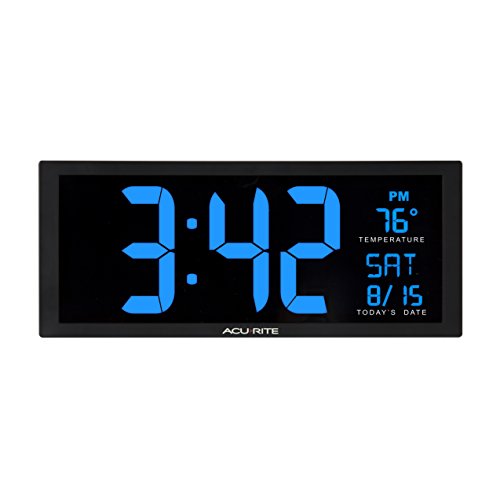 AcuRite 75152M Oversized Blue LED Clock with Indoor Temperature, Date & Fold-Out Stand, 14.5