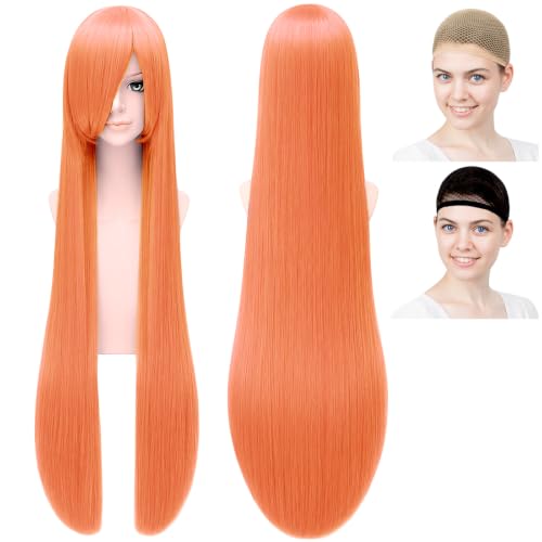CaseEden コスプレ ウィッグ フルウィッグ 耐熱 ロング 100cm オレンジ 赤みのあるオレンジ WIG6124