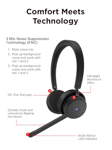 Lenovo Wireless VoIP Headset Teams Certified, Noise-Canceling Mic, Bluetooth 5.3 Multipoint, USB-A Receiver, 31-Hour Talk & 60-Hour Playback, Lightweight Over-Ear Design, Replaceable Earcups