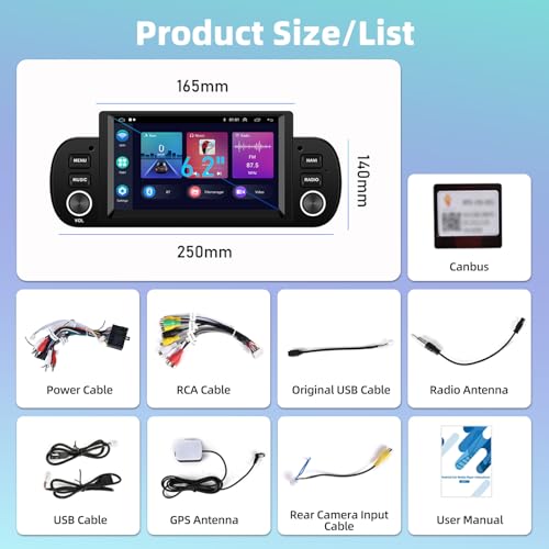 Motorsi 2+64G Carplay Car Radio for Fiat Panda 2013-2020 with Wireless Android Car, Android Bluetooth Car Stereo Screen with GPS Navigation/WiFi/Hi-Fi/FM/SWC/2 USB/Mirror Link/Canbus + Mic