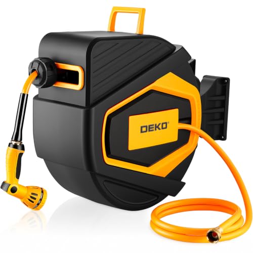 Retractable Hose Reel:100 ft x 1/2 inch, Garden Hose Reel with 9-Pattern Nozzle, 180°Swivel Bracket Wall-Mounted, Automatic Rewind, Lock at Any Length, with Slow Return System