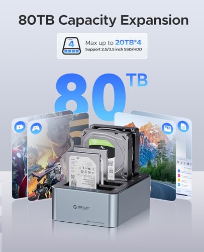 ORICO Aluminum Clone 4 Bay Hard Drive Dock, USB C Hard Drive Docking Stations for 2.5/3.5" SATA SSD/HDD up to 20TB, Offline Cloning Dock (6646C3-C)